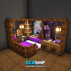 an image of a bedroom in the minecraft style with purple furniture and decorations on it