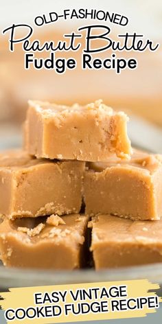 pieces of peanut butter fudge stacked on top of each other in a glass bowl