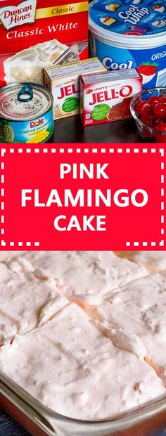 pink flamingo cake in a pan with ingredients around it