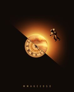 an astronaut is flying past a clock in the sky