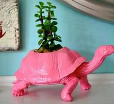 a pink turtle planter sitting on top of a white mantle