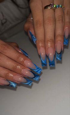 Nails Design Swirl, Blue French Tip Acrylics, Blue Nails Medium Length, Long Acrylic Nails Summer, Colorful Nails Design, Trippy Draws, Freestyle Nails, Uñas Ideas, Nails Styles