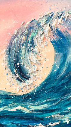 an oil painting of a wave in the ocean with pink and blue sky behind it