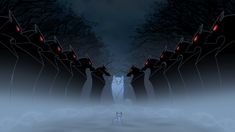 an animated image of a white cat in the middle of a dark forest at night