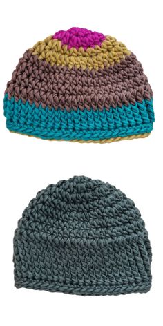 two knitted hats with different colors on them