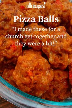 there is a bowl full of food with the words pizza balls on it and an image of