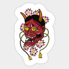 a red demon with horns and flowers on it's head is in front of a white