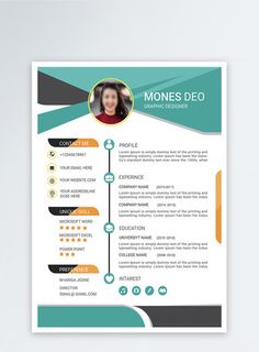 a professional resume template with an orange and green color scheme on the front, black and white