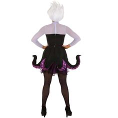 Unleash your inner sea witch with our Women's Premium Ursula Costume, inspired by Disney's The Little Mermaid. This exquisite ensemble brings Ursula's iconic look to life, blending sultry style with an under-the-sea twist. The dress features a daring black bodice designed to mimic Ursula's curvaceous figure and is artfully crafted with a mesh yoke and sleeves that replicate her signature purple hue. The skirt is a true masterpiece, adorned with fiberfill-stuffed tentacles that coil and sway with Ursula Halloween Costume, Ursula Wig, Ursula Halloween, Sea Witch Costume, Maleficent Halloween Costume, Ursula Dress, Disney Ursula, Halloween Costume Adult, Ursula Costume