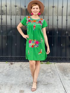 "Floral embroidery mexican mini dress, green dress, women sundress, bridesmaids, wedding destination, traditional mexican tunic, folk A very bright and fun traditional Mexican dress, short sleeve, green and multicolor hand embroidered flowers. Great piece to wear in spring, summer, mexican festivities or if you go to a Mexico destination vacay. Loose fit Made of Cotton Fits size EXTRA SMALL (Maybe small, check measurements) Measurements taken flat: - Armpit to armpit 18\" - Width 22 3/4\" - Shou Picnic Outfit Summer, Traditional Mexican Dress, White Ruffle Dress, Wedding Destination, Fiesta Outfit, Hand Embroidered Flowers, Mexican Outfit, Mexican Dresses, Embroidered Flowers