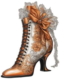 a drawing of a high heeled shoe with lace and flowers on the side,