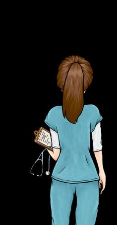 a woman in scrubs is walking with her back to the camera and holding a book