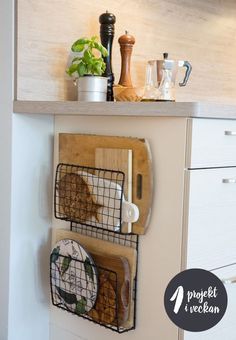 the kitchen counter is organized and ready to be used as a spice rack for spices