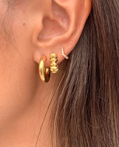 Materials: 18k gold plated brass / silver plated brass Measurements: 20mm/0.8" in length, 18mm/0.7" in width. Gold Hoop Earring Stack, En Route Jewelry, Preppy Jewelry, Gold Girl, Jewelry Post, Classy Jewelry, Stacked Jewelry, Jewelry Lookbook, Gold Accessories