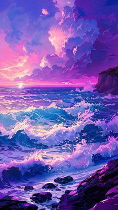 a painting of the ocean at sunset with purple clouds and blue water in the foreground