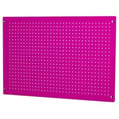 a pink peg board with white dots on the front and bottom half, hanging from a wall