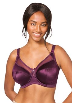 Beautifully designed in smooth satin with a sheer top cup that gives you a lighter look and more feminine feel. Get maximum lift and shaping with a supportive underwire, and achieve your perfect fit with adjustable straps. You'll love the classic colors and fun prints. Firm Lift: our most supportive underwire bra for the ultimate lift Back closurePoly/nylon/spandex; importedHand wash | Plus Size Women's Goddess® Keira and Kayla Underwire Bra 6090/6162 by Goddess in Blackberry (Size 46 G)