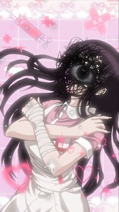 an anime character with long black hair and big eyes, holding her hands to her chest