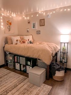 a bed sitting in the middle of a bedroom next to a rug