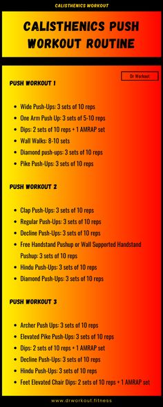 the calisthenics push workout routine is shown in red, yellow and orange