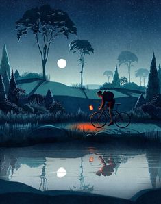 a man riding a bike across a river under a full moon