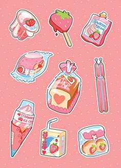 various stickers on a pink background with polka dots and strawberries, strawberry milkshake