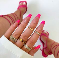 Short Coffin Shape Nails Pink French Tip, Neon Acrilyc Nails, Nails Acrylic Coffin Summer Short, Hot Pink French Nails Coffin, Neon Pink French Tip Nails Coffin, Trendy Pink Nails 2023, Hot Pink Coffin French Tip, Hot Pink Arclyc Nail, Fun French Tip Nails Coffin