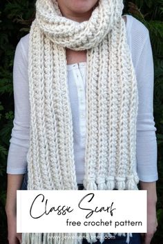 a woman wearing a white knitted scarf with text overlay that says free crochet pattern