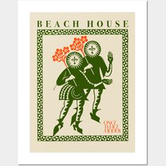 a poster with an image of a woman holding flowers in her hand and the words beach house on it