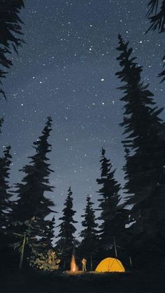 the night sky is full of stars and trees with a tent in the foreground