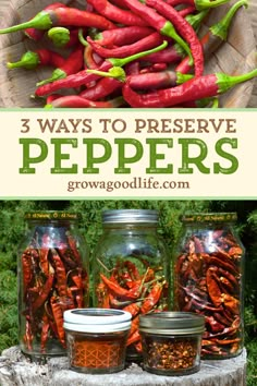 three jars filled with peppers sitting on top of a wooden table next to other vegetables