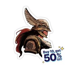 a sticker with the words buy 10 % off and an image of a roman soldier