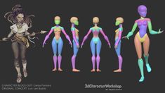 an animation character with different body shapes and hair