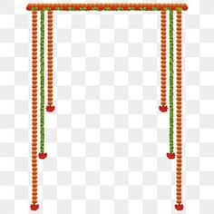 an orange and green frame with beads hanging from it's sides, on a white background