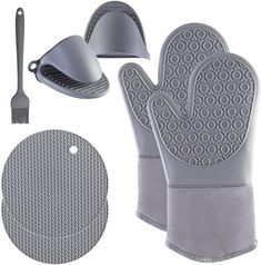 a set of oven mitts, spatula and cleaning glove