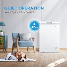 a dog laying on the floor next to a white refrigerator