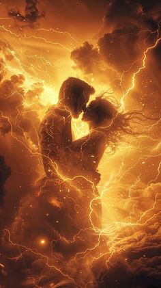 a couple kissing in the middle of a storm with lightning coming from behind them and dark clouds