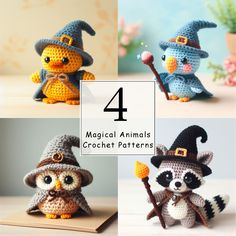 four pictures of crocheted animals with hats and brooms on them, including a racoon