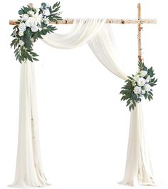 an arch decorated with white flowers and greenery for a wedding ceremony on a white background