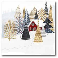 christmas trees and houses in the snow