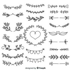 a set of hand drawn floral and leaf design elements for wedding cards or scrapbook pages