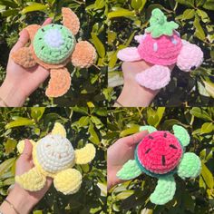 four crocheted sea animals are shown in three different colors, one is pink, one is green and the other is yellow