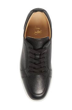 Richly textured calfskin leather refines the classic profile of a stylish Italian sneaker set on a signature Louboutin red sole. Lace-up style Removable insole Wipe with a soft, dry cloth and store in a dust bag Leather upper and lining/rubber sole Made in Italy Men's Shoes Luxury Calf Leather Sneakers For Formal Occasions, Modern Calf Leather Sneakers With Red Sole, Classic Low-top Sneakers With Leather Lining, Classic Calf Leather Sneakers For Formal Occasions, Elegant Low-top Calf Leather Sneakers, Classic Business Sneakers With Leather Lining, Classic Black Sneakers With Red Sole, Fashionable Sneakers With Contrast Sole And Calf Leather, Elegant Sneakers With Contrast Sole And Calf Leather