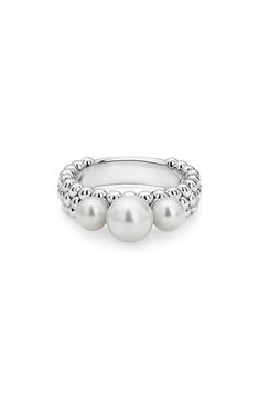 Three freshwater cultured pearls complement the bubbly beaded texture of this graceful, modern silver band. Style Name:Lagos Luna Pearl Caviar Band Ring. Style Number: 6034096. Freshwater Cultured Pearls, Ring Style, Pearl Size, Silver Pearls, Cultured Pearls, Silver Band, Band Ring, Band Rings, Gemstone Rings