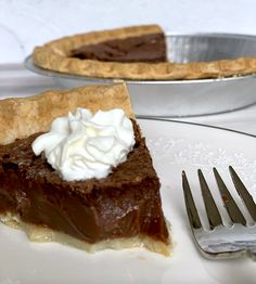 a slice of chocolate pie on a plate with a fork