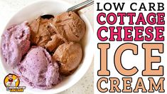 a bowl filled with ice cream sitting on top of a counter next to the words low carb cottage cheese ice cream