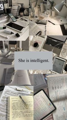 there are many papers and electronic devices on the desks with text overlay that says she is intelligent