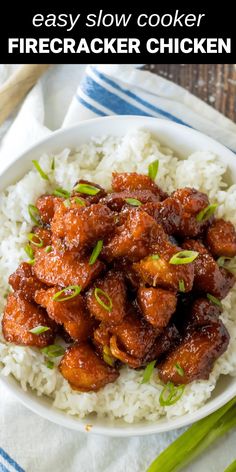 an easy slow cooker firecracker chicken recipe on top of rice in a white bowl