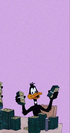 a cartoon duck sitting at a desk with stacks of money