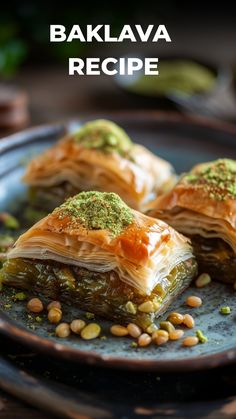 baklava recipe on a plate with pine nuts and pistachio sauce in the middle